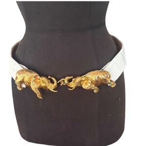 Vintage 80's Alexis Kirk White Leather Double Elephant Gold Buckle Waist Belt Sm